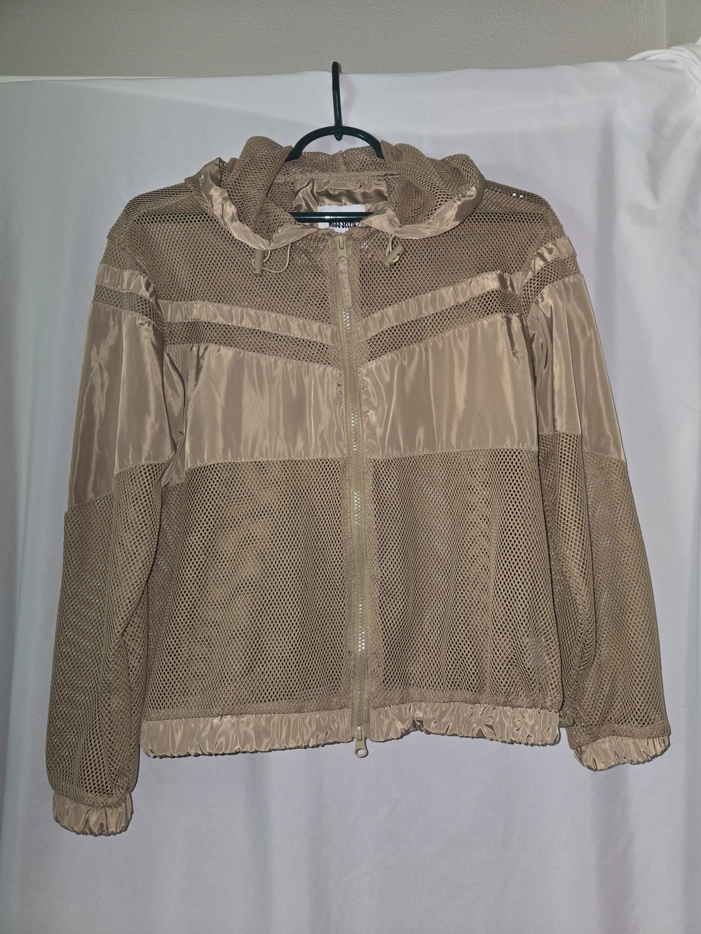 Tan Mesh and Satin Hooded Bomber Jacket